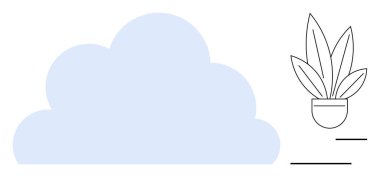 Siyah ve beyaz saksı bitkisinin yanında üç uzun yapraklı büyük mavi bulut şekli. Doğa, büyüme, basitlik, minimalizm, uyum, atmosfer ve rahatlama için idealdir. Soyut çizgi düz metafor