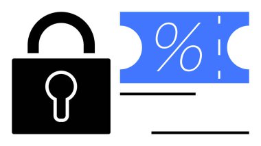 Mavi bilet kuponunun yanında yüzde indirimi gösteren siyah asma kilit sembolü. Terfi için ideal, çevrimiçi güvenlik, e-ticaret, indirimler, siber güvenlik, perakende pazarlama, teklifler. Basit.