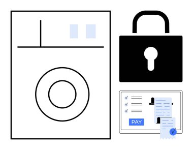 Tabletteki kombinasyon çamaşır makinesi, asma kilit ve ödeme makbuzu çevrimiçi işlemlerde güvenlik ve kolaylık sağlar. Çevrimiçi güvenlik, ödeme işlemleri, kolaylık ve dijital için ideal