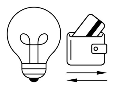 Ampul ve cüzdan ile birlikte kredi kartı eklenmiş ve yanında yön okları var. Finans, yenilik, yatırım, tasarruf, teknoloji, girişimcilik pazarlaması için idealdir. Satır metaforu