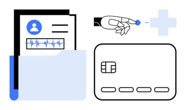 Hasta bilgileriyle dolu bir tıbbi dosya, hap dağıtan bir robot el ve bir kredi kartı. Sağlık hizmetleri, tıbbi teknoloji, dijital ödemeler, sağlık veri gizliliği, tıbbi