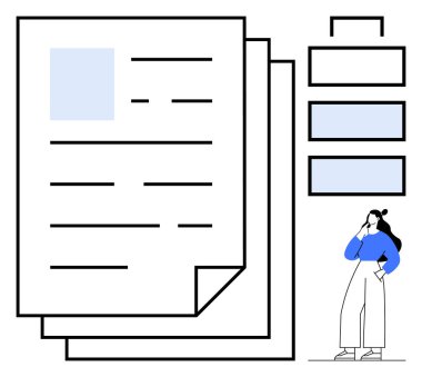 Yanında akış çizelgesi kutuları olan bir yığın dokümana bakan bir kadın. İş planlaması, organizasyon, stratejik düşünce, karar verme, iş akışı, verimlilik, insan kaynakları için idealdir. Mavi