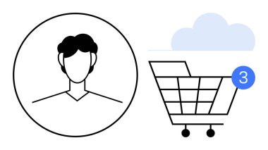 Kullanıcı profili avatarı, bir alışveriş arabasının yanında üç parça ve bir bulut var. E-ticaret, çevrimiçi kimlik, müşteri deneyimi, dijital alışveriş, kullanıcı hesabı, perakende satış için ideal