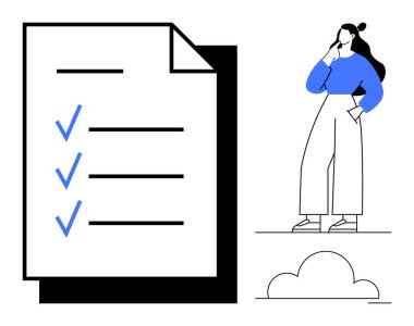 Mavi tişörtlü ve beyaz pantolonlu bir kadın üç mavi işaretli ve bir bulutun altında büyük bir listenin yanında düşünüyor. Üretkenlik, planlama, görev izleme, organizasyon, hedef belirleme için ideal