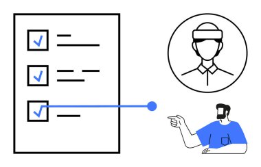 Tamamlanmış görevler için mavi işaretli kontrol listesi, onu işaret eden takım üyesi ve bir profil fotoğrafı. Proje yönetimi, takım çalışması, görev izleme, üretkenlik, heyet için ideal