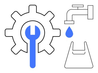 Mavi ingiliz anahtarı, mavi damlacıklı su musluğu, alışveriş çantası. Bakım, onarım, su tasarrufu, alışveriş, perakende tesisat sürdürülebilirliği için ideal. Kalın soyut çizgiyi düz tut