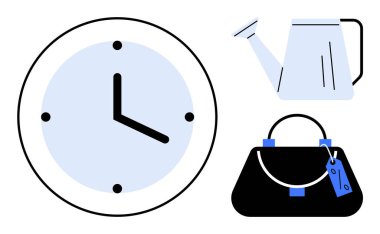 Büyük saat, sulama kutusu ve el çantası zaman yönetimi, verimlilik, eğlence, planlama, günlük rutin, iş-yaşam dengesi ve organizasyon temalarını gösteriyor. Zaman verimliliği için ideal