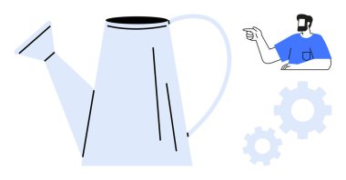 İki dişliyi işaret eden birinin yanında sulama tenekesi, beslenme ve sorun çözmeyi öneriyor. Büyüme zihniyeti, kaynak yönetimi, takım çalışması, işbirliği, yenilik, üretkenlik için ideal