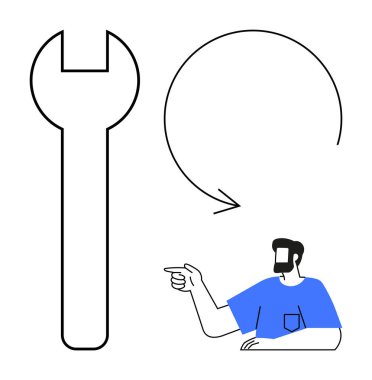 Dairesel okun bitişiğinde İngiliz anahtarını gösteren mavili bir adam var. Tamir, takım çalışması, rehberlik, destek, mühendislik, problem çözme, yenilik temaları için ideal. Soyut satırı temizle