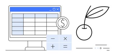Bilgisayar ekranında hesap tablosu, dolar işareti madeni para, hesap makinesi sembolleri ve yapraklı kiraz. Finans, bütçe, muhasebe, iş planlaması, ofis çalışması, ekonomik analiz için ideal