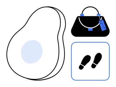 Avokado yarım taslak, mavi etiketli el çantası ve mavi çizgili kare içinde siyah ayak izleri. Sağlık, seyahat, yaşam tarzı, moda, basitlik minimalizmi yaratıcılığı için idealdir. Soyut satır düzlüğü