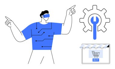 VR kulaklıklı biri, gömleğinde devreler var. İçinde ingiliz anahtarı olan bir vites, satın alma düğmesi olan bir mağaza. Teknoloji, e-ticaret, yenilik, sanal gerçeklik, dijital dönüşüm için ideal