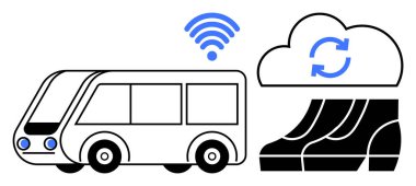 Senkronize simge ile bulut deposuna bağlanan kablosuz sinyallere sahip modern bir otobüs. Akıllı şehir teknolojisi, toplu taşıma güncellemeleri, IoT uygulamaları, verimlilik, bağlantı, hareketlilik, dijital