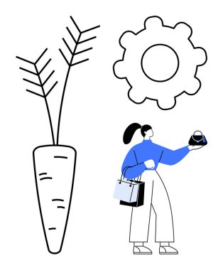 At kuyruklu, mavi kazaklı ve elinde çaydanlık ve alışveriş torbaları olan beyaz pantolonlu bir kadın. Büyük havuç ve çark şeklinde. Mutfak gereçleri, alışveriş, sağlıklı beslenme, tarım ve makine ikilisi için ideal