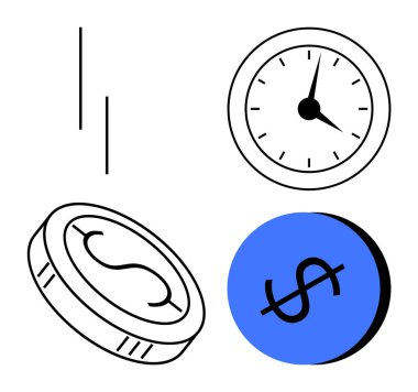 Saati, para akışını ve ince dikey çizgilerle çevrili dolar işaretini gösteren saat. Finans, zaman yönetimi, üretkenlik, ekonomi, yatırım planlaması verimliliği için idealdir. Soyut