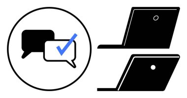 Bir işaretli iki sohbet balonu ve iki dizüstü bilgisayar simgesi. İletişim, uzaktan çalışma, dijital toplantılar, çevrimiçi işbirliği, müşteri hizmetleri, sosyal medya, eğitim platformları, soyut