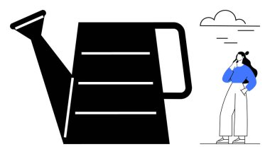 Ayakta duran ve yukarı bakan düşünceli bir insanın yanında büyük, siyah bir sulama kabı ve püskürtülmüş bulutlar. Büyümek, yetiştirmek, düşünmek, problem çözmek, bahçıvanlık, kişisel konular için ideal