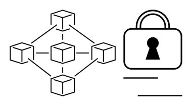 Birbirine bağlı blok ağı anahtar deliği olan bir kilide bağlı. Engelleme zinciri, siber güvenlik, veri güvenliği, dijital işlemler, kriptografi, ağ koruması ve güvenli iletişim için ideal