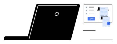 Ekranın yanında mavi işaretli dijital faturayı ve Ödeme düğmesini gösteren dizüstü bilgisayar. E-ticaret, çevrimiçi bankacılık, ödeme sistemleri, mali işlemler, güvenli ödemeler, dijital ekonomi için ideal