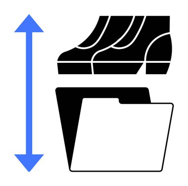 Blue double arrow indicating up and down movement between black shoes and open file folder. Ideal for organization, navigation, transition, direction, movement, storage, sorting. Abstract line flat clipart