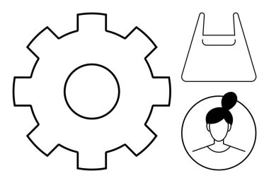 Alışveriş çantasının yanında büyük bir teçhizat ve çörek saçlı bir kadının dairesel portresi. İş, e-ticaret, profil, kullanıcı ayarları, alışveriş, kadın temsilciliği, mekanizasyon için ideal