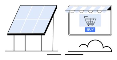 Güneş paneli ayakta dört hücreli, vitrin vitrininde güneşlik simgesi ve satın alma düğmesi ve stilize edilmiş çalılık var. Yenilenebilir enerji, e-ticaret, sürdürülebilirlik ve teknoloji için ideal