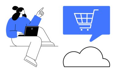 Dizüstü bilgisayarı olan ve içinde alışveriş arabası ikonu olan konuşma balonunu gösteren kişi bulut şeklinin yanında oturuyor. Çevrimiçi alışveriş, e-ticaret, dijital pazarlama, müşteri hizmetleri, bulut