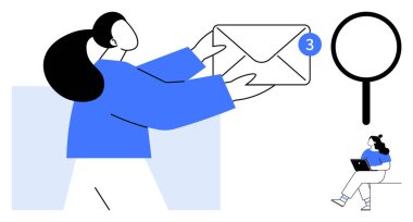 Elinde büyük bir zarf, yeni bir e-posta bildirimi, sağ tarafında büyüteç, altında dizüstü bilgisayarı olan bir kadın. İletişim, teknoloji, çevrimiçi platformlar için ideal