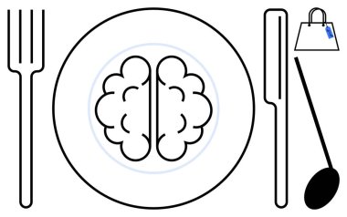 Çatal, tabak, beyin çizimi, bıçak, kaşık ve alışveriş torbası. Zihinsel beslenme, entellektüel tüketim, beyin gıdası, bilişsel gelişim aşçılık yaratıcılık eğitimi için ideal