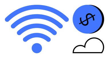 Mavi kablosuz sinyal, mavi dolar madeni para ve bağlantı, finansal işlemler ve bulut hesaplamasını temsil eden siyah bulut simgesi. Teknoloji hizmetleri, finans teknolojisi, internet ekonomisi ve dijital için ideal