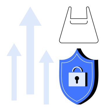 Alışveriş torbası, kilitli kalkan ve yukarı doğru oklar. Dijital pazarlama, çevrimiçi alışveriş, siber güvenlik, iş büyümesi, e-ticaret teknolojisi geliştirme temaları için ideal. Soyut çizgi