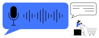 Kadın, ses kumandalı akıllı telefon kullanarak alışveriş arabasında oturuyor. Ses dalgası, mikrofon ikonu, konuşma balonu. E-ticaret için ideal, çevrimiçi alışveriş, ses tanıma, dijital asistanlar, yapay zeka cep telefonu