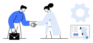 Erkek ve kadın, sanayi ve dijital belgeleri temsil eden bir çark ile anlaşmayı sembolize eden el sıkışıyor. İş anlaşmaları, ortaklıklar, işbirliği, anlaşmalar, iş için ideal