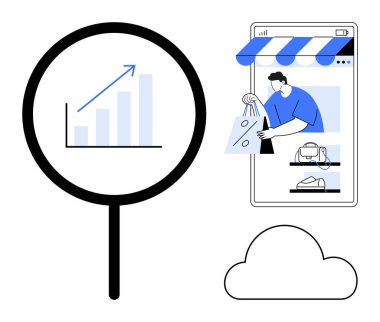 Büyüteç büyüyen satış ölçüleri ve verileri gösteren büyüme grafiğini vurguluyor. Mobil mağazadan alışveriş torbaları tutan adam, bulut servisine bağlanıyor. E-ticaret ve veri analizi için ideal