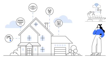 Kadının robot koluyla iletişim kurduğu akıllı cihazlara bağlı bir ev. Teknoloji için ideal, IoT, akıllı ev, otomasyon, verimlilik, bağlantı, yenilik. Siyah beyaz mavi soyut çizgi
