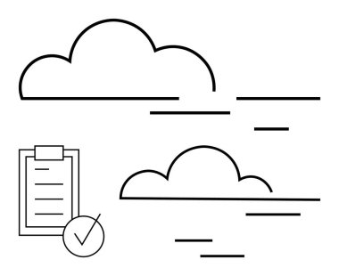 İki bulut şekli ve işaretli bir kontrol listesi veri depolama, görev yönetimi, dijital senkronizasyon ve hedef başarısını temsil ediyor. İş akışı, teknoloji, üretkenlik, organizasyon ve bulut için ideal