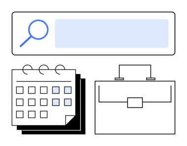 Arama barında büyüteç, aylık takvim ve evrak çantası ikonu. Zaman yönetimi, iş arama, iş planlaması, görev organizasyonu, zamanlama, üretkenlik araçları için ideal soyut çizgi
