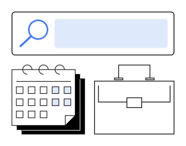 Magnifying glass in search bar, monthly calendar, and briefcase icon. Ideal for time management, job search, business planning, task organization, scheduling, productivity tools abstract line flat clipart