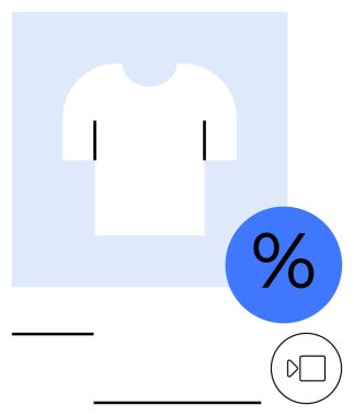 White T-shirt centered in a light blue square, blue discount percentage icon, and video icon. Ideal for e-commerce, retail, promotions, sales, digital marketing, fashion branding abstract line flat clipart