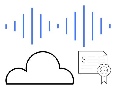 İletişimi temsil eden ses dalgası, bulut hesaplamasını sembolize eden bulut ve mühürlü sertifika. Teknoloji, dijital dönüşüm, iletişim, bulut hizmetleri, dijital için ideal