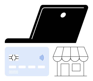 Laptop teknolojiyi simgeler, ödeme için kredi kartı, perakende için mağaza önü. E-ticaret, dijital ödemeler, fintech, çevrimiçi alışveriş, küçük işletme, perakende çözümler için idealdir.