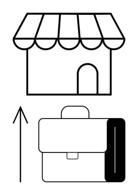 Vitrin simgesi, güneşlik, evrak çantası, yukarı doğru ok. Ticari büyüme, girişimcilik, küçük işletme, perakende genişletme, kariyer geliştirme başarı piyasa eğilimleri için idealdir. Satır metaforu
