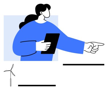 Elinde tablet ve işaret eden mavi kazaklı kadın, odak olarak rüzgar türbini. Liderlik için ideal, karar verme, enerji sürdürülebilirliği, teknoloji, takım çalışması, rehberlik, soyut çizgi düz metafor