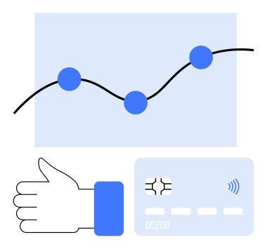 Baş parmak onay ikonu, mavi trend çizgisi grafiği ve temassız ödeme kartı. Finans teknolojisi, iş başarısı, analitik, e-ticaret, büyüme takibi, onaylı soyut metafor