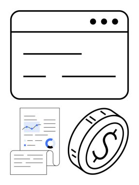 Browser window interface, coin with dollar sign, and data charts for insights. Ideal for finance, analytics, budgeting, investment, planning, digital economy abstract line flat metaphor clipart