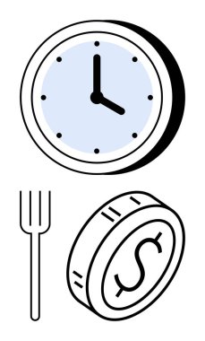 Mavi yüzlü bir saat, zaman yönetimini, finansal planlamayı, yemek bütçesini simgeleyen bir dolar ve çatal. Üretkenlik, maliyet verimliliği, öncelikler, gıda harcamaları tasarrufu için ideal