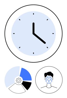 Mavi röfleli saat, dişli ikonlu pasta tablosu, yüz tanıma kalıplı yüz. Üretkenlik, teknik arayüzler, zamanlama, veri analizi, yapay zeka sistemleri, araştırma soyut çizgisi için ideal