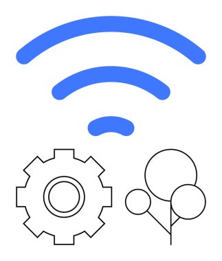 Kablosuz sinyal, teknoloji ekipmanları, doğayı sembolize eden şekillendirilmiş ağaç. Sürdürülebilirlik için ideal, yeşil teknoloji, ağ, bağlantı, akıllı ortamlar, inovasyon soyut çizgi düz metaforu