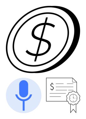 Parayı simgeleyen dolar sikkesi, ses komutu için mavi mikrofon sertifikalı belge finans, sertifika. Finansal uygulamalar, teknoloji, dijital ekonomi, sertifikalar, işletmeler için ideal