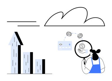 Ok çizelgesi yükseliyor, kadın büyüteci bozuk parada, kredi kartında, bulutların üzerinde. Finans, analiz, yatırım büyümesi, zenginlik yönetimi, tasarruf dijital işlemleri bulut hesaplaması için ideal